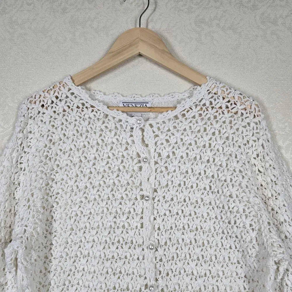 VTG Venezia Crochet Cardigan Sweater 14/16 Ivory Pearls Grandmacore Cottagecore